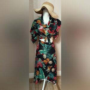 Tropical Floral Wrap blouse with matching midi maxi skirt